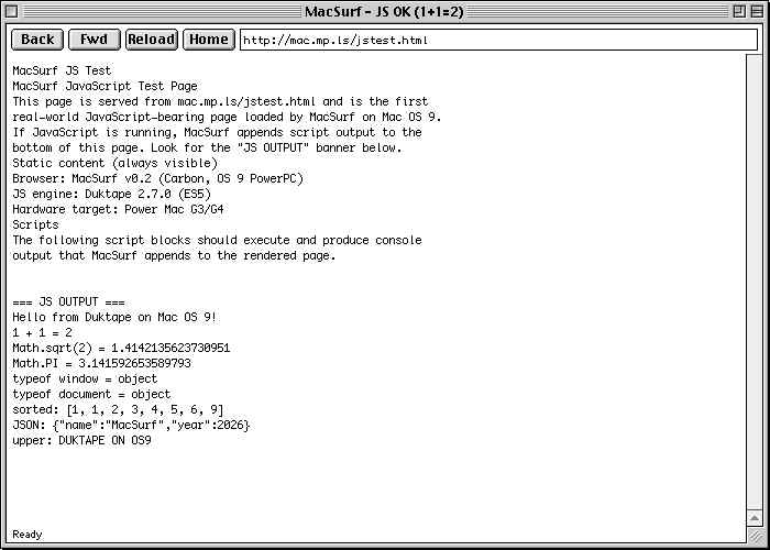 MacSurf showing first JavaScript output on Mac OS 9