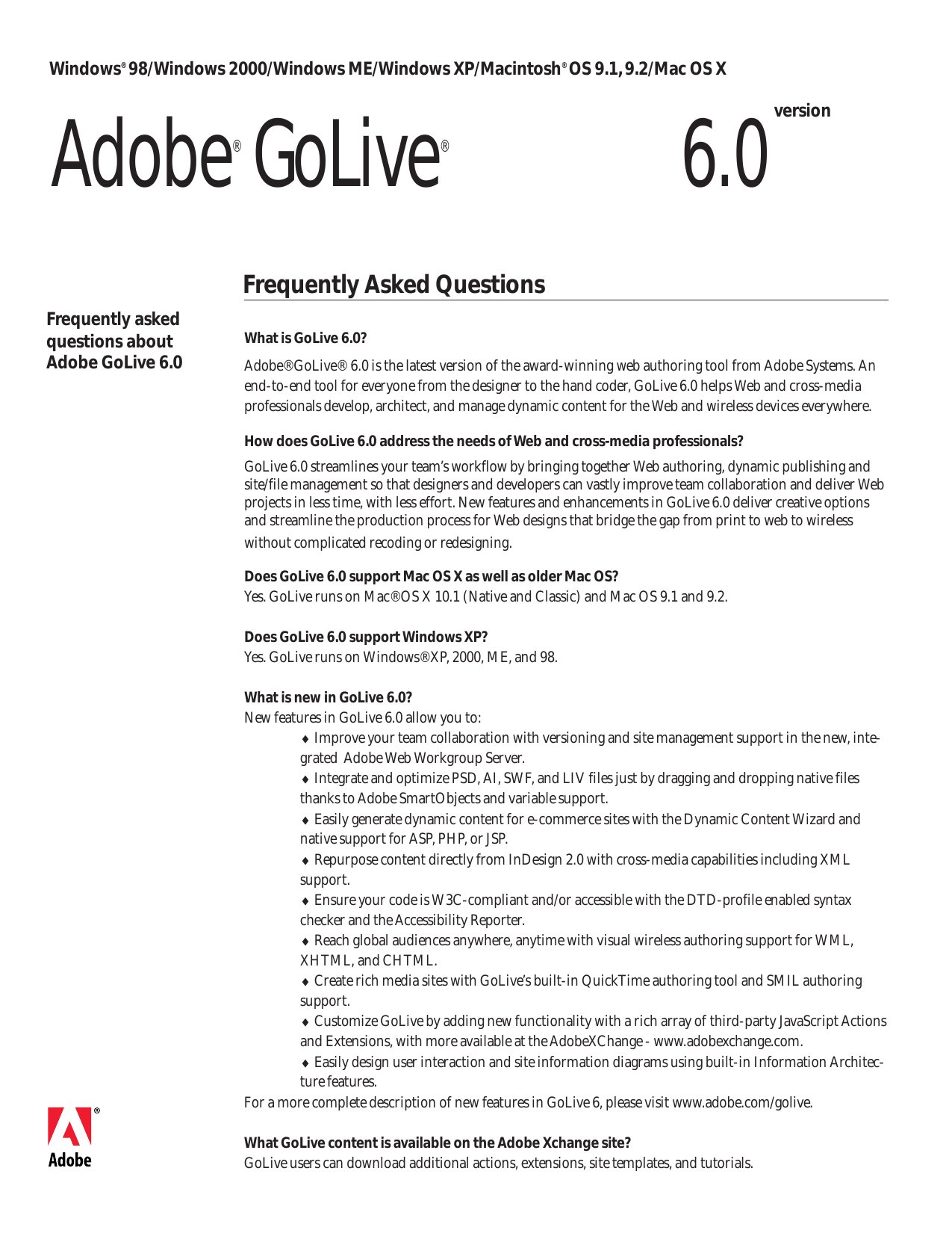 Adobe GoLive 6.0 FAQ