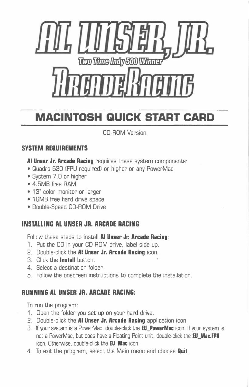 Al Unser Jr Arcade Racing Quick Reference