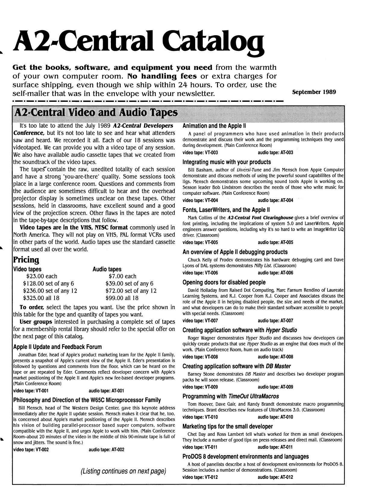 A2 Central Catalog 1989 09 September 1989