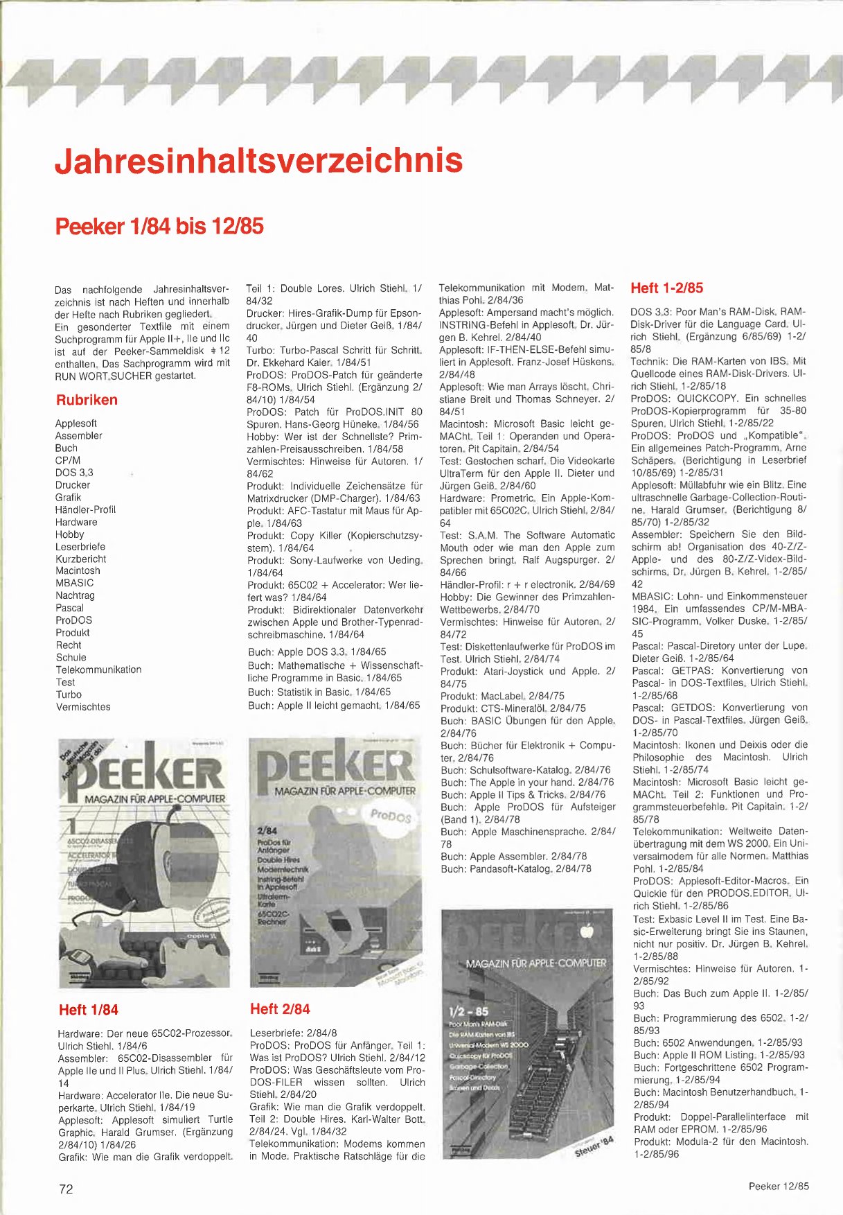peeker 1985 jahresinhaltsverzeichnis 1 84 12 85
