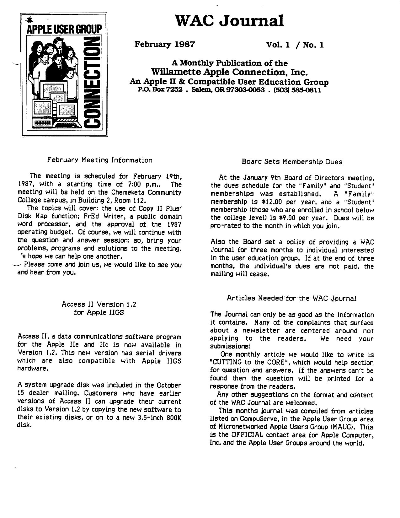 Willamette Apple Connection Vol1No1 Feb87