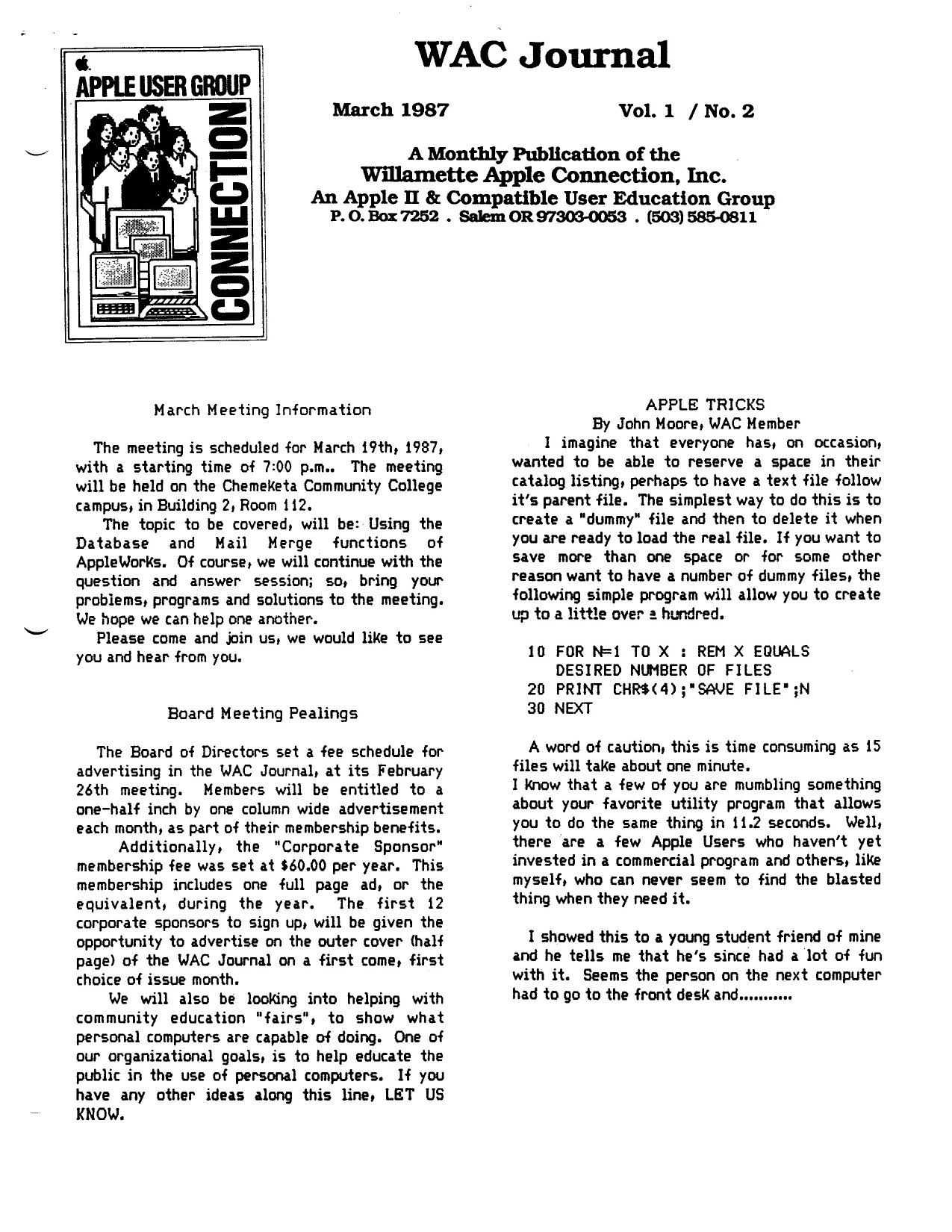 Willamette Apple Connection Vol1No2 Mar87