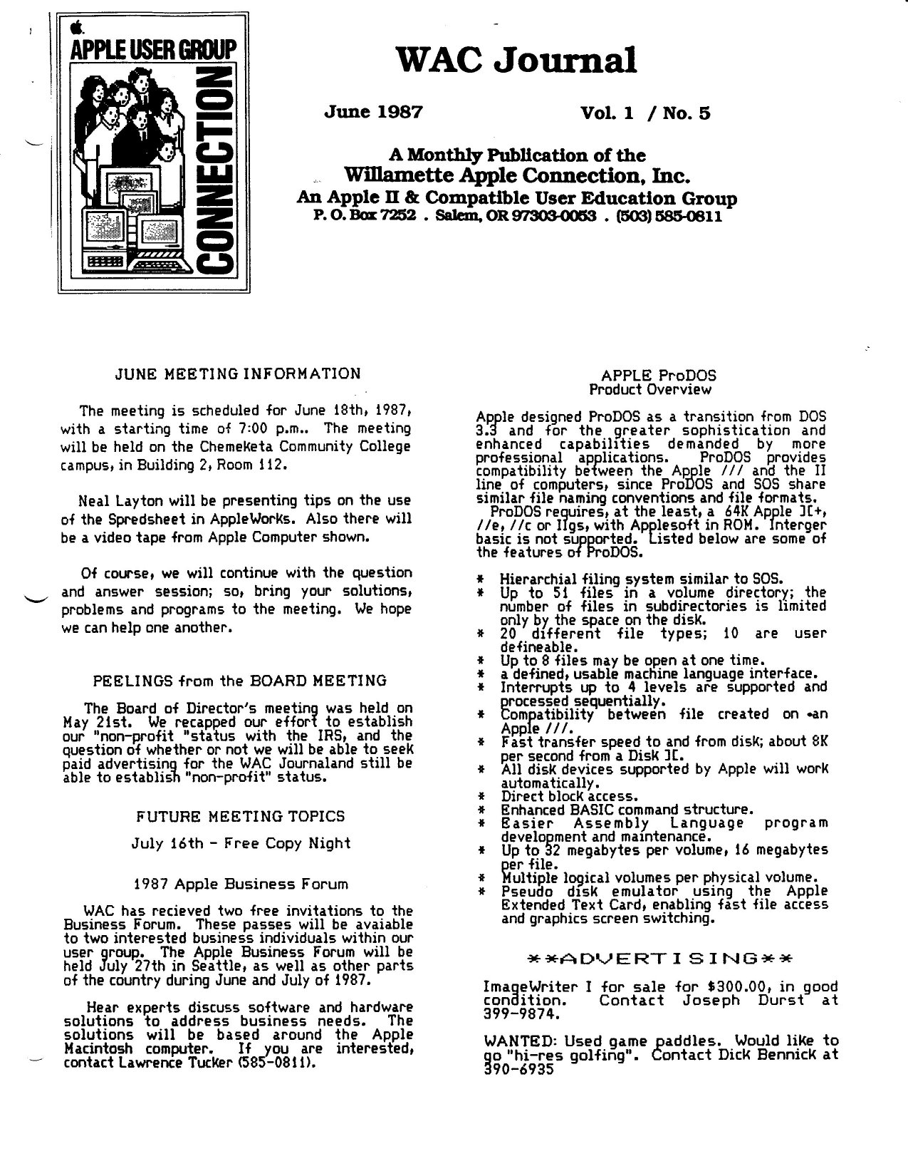 Willamette Apple Connection Vol1No5 Jun87