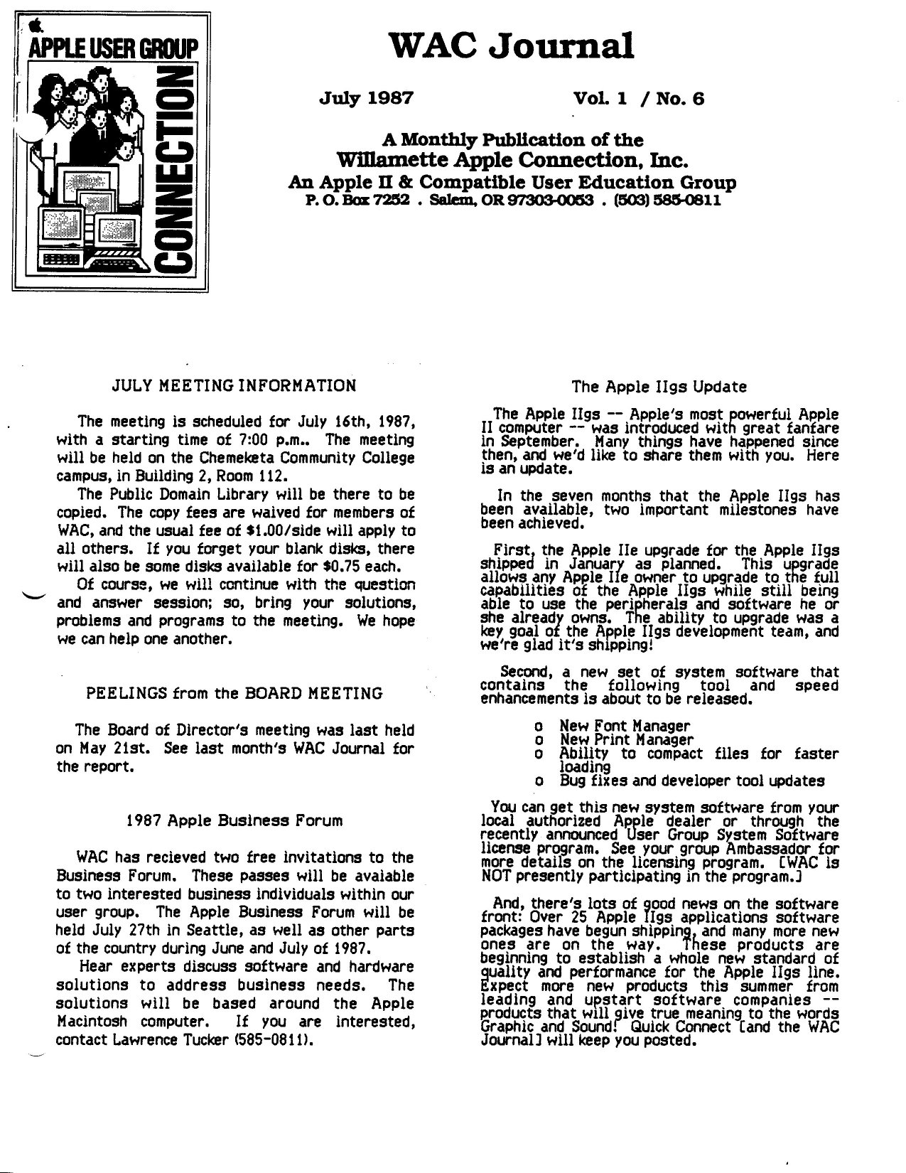 Willamette Apple Connection Vol1No6 Jul87