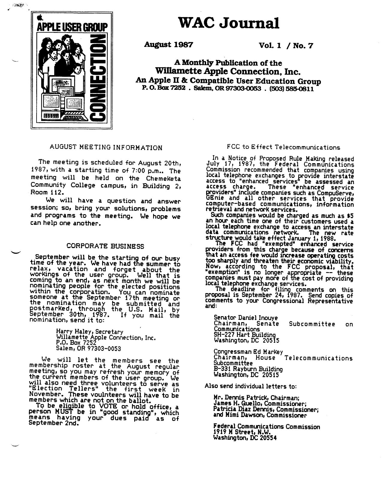 Willamette Apple Connection Vol1No7 Aug87