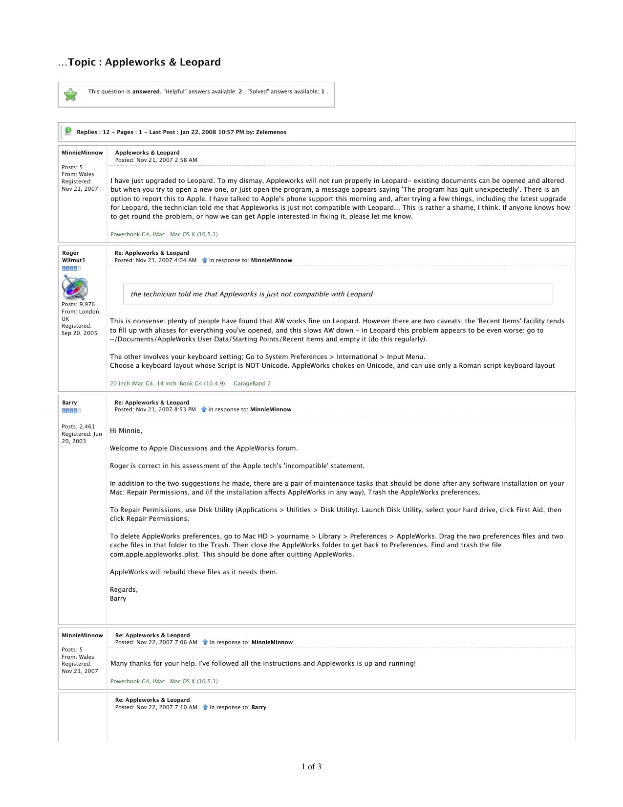Appleworks Leopard Important Advice from Apple Forums