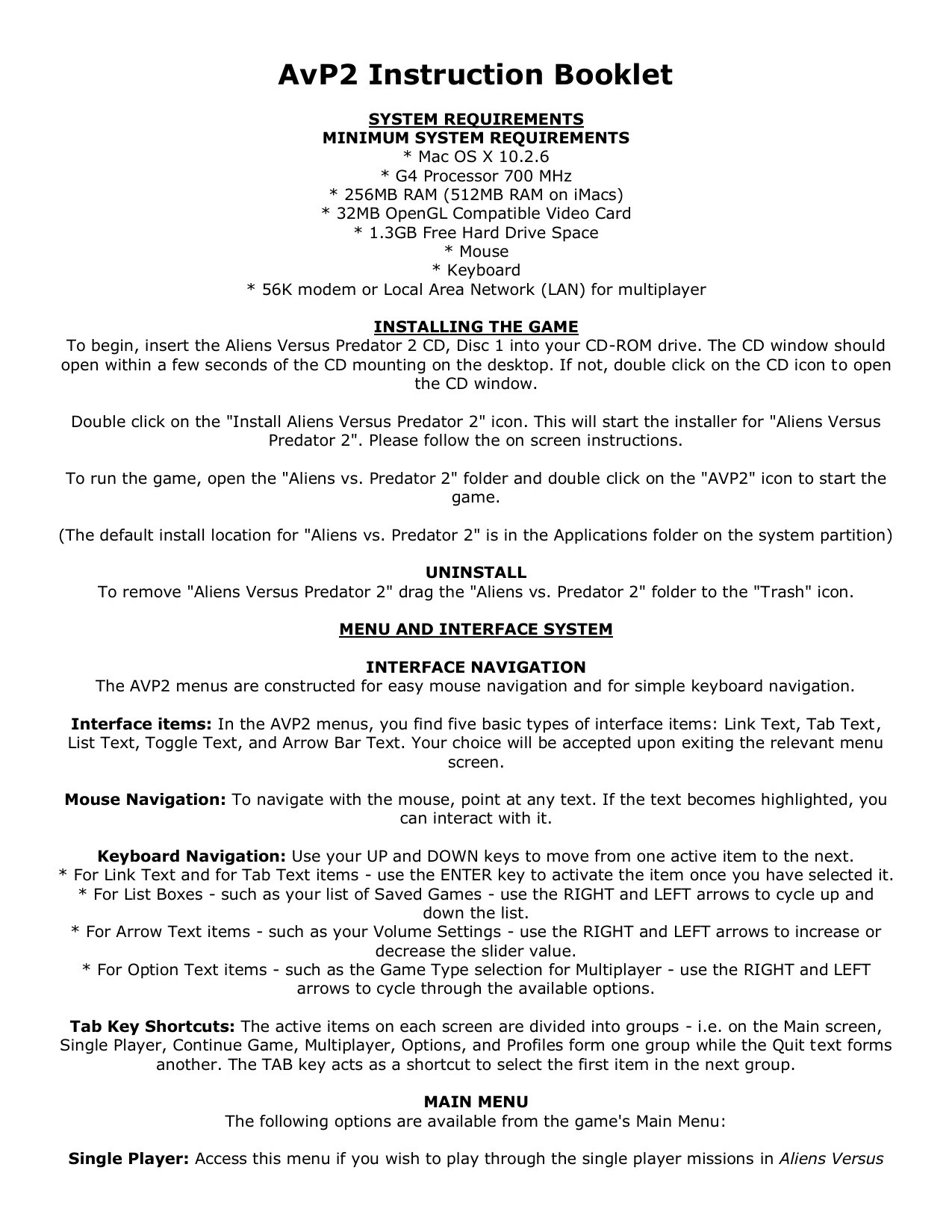 AvP2 Instruction Booklet