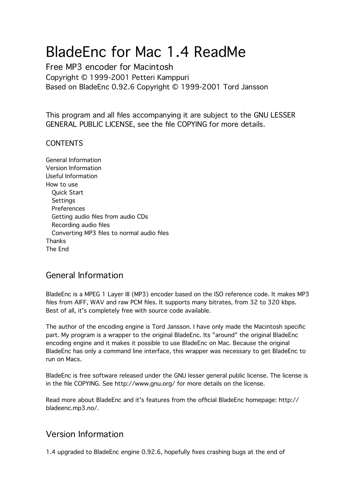 BladeEnc for Mac 1.4 ReadMe 0