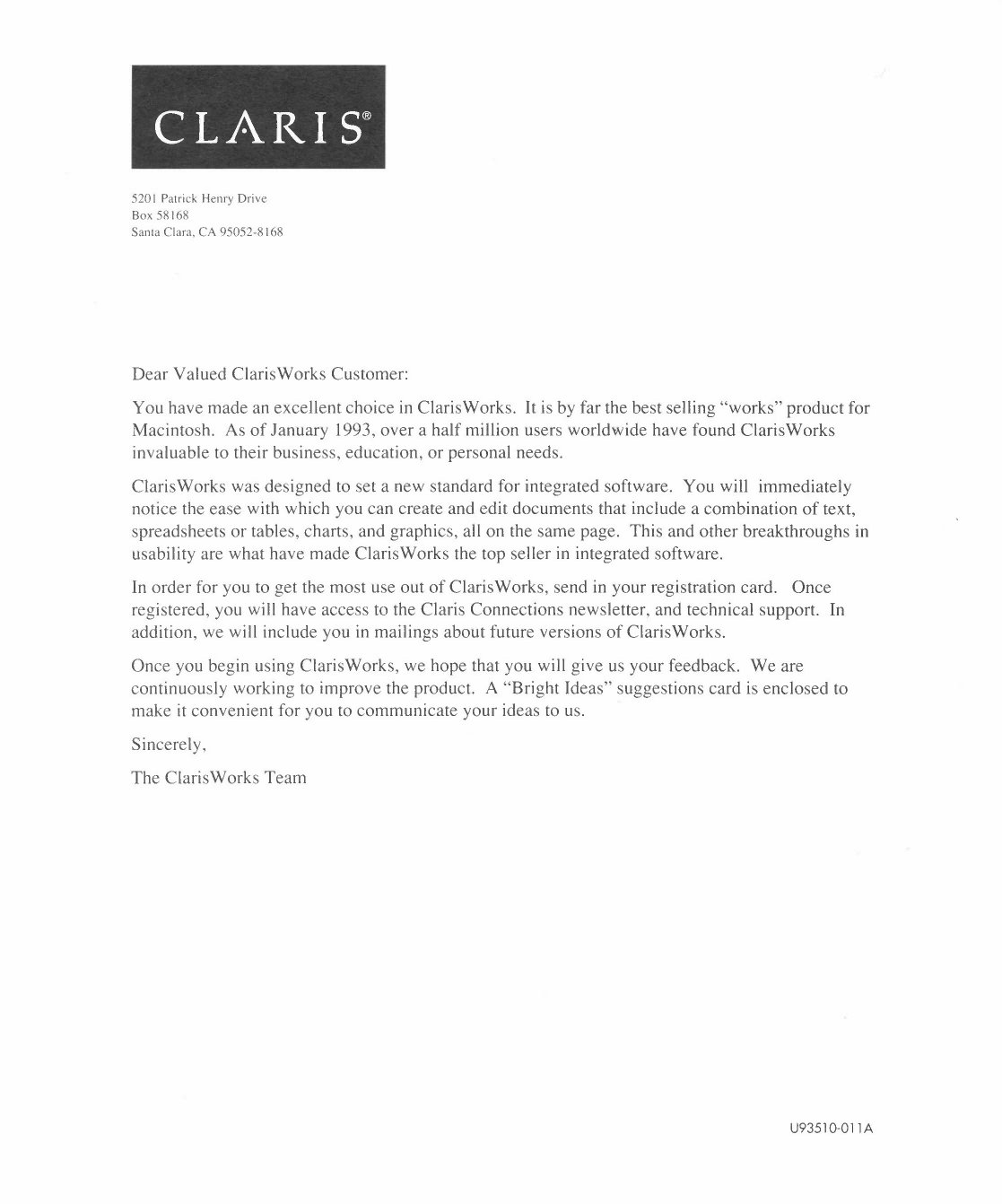 ClarisWorks 2 Dear Valued Customers