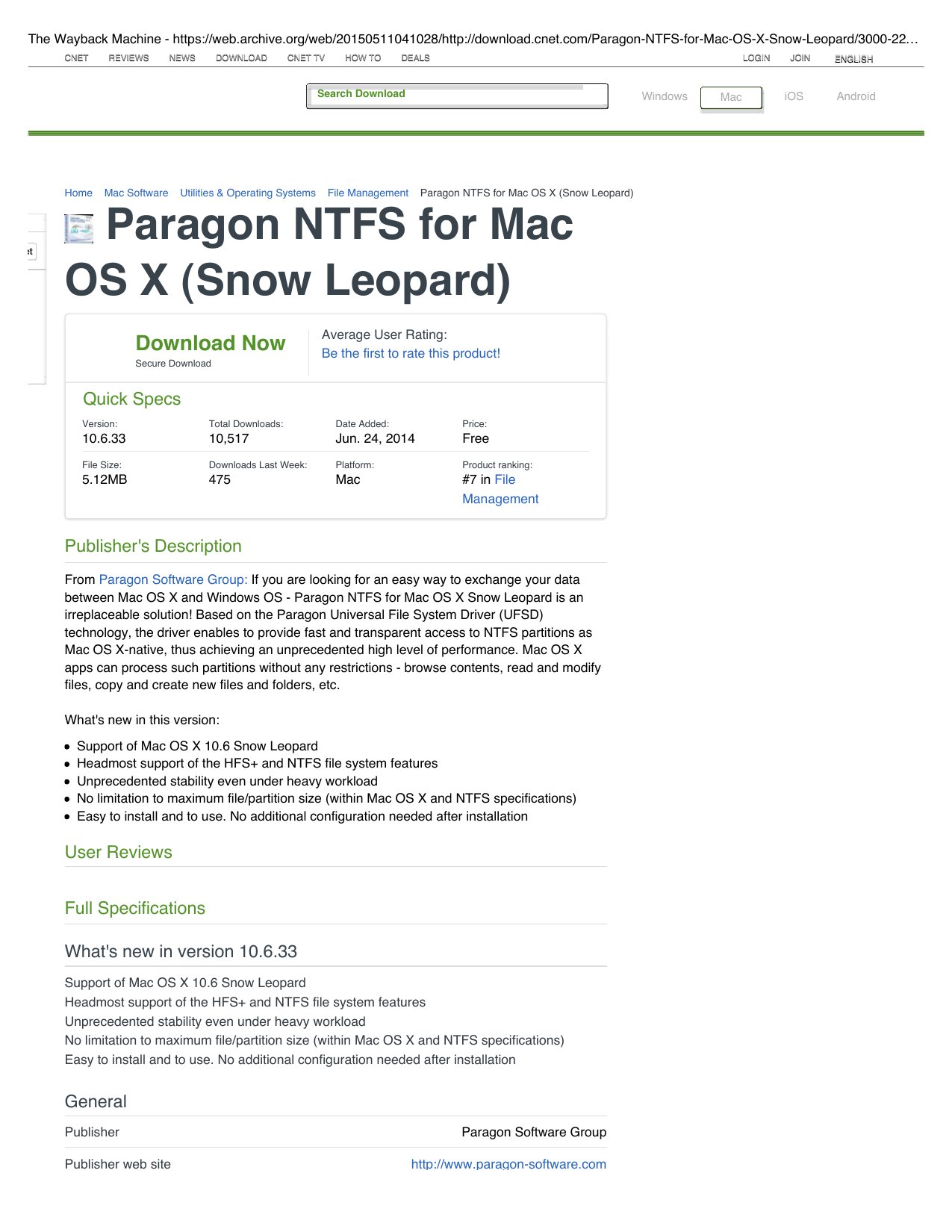 CNET product page Paragon NTFS for Snow Leopard