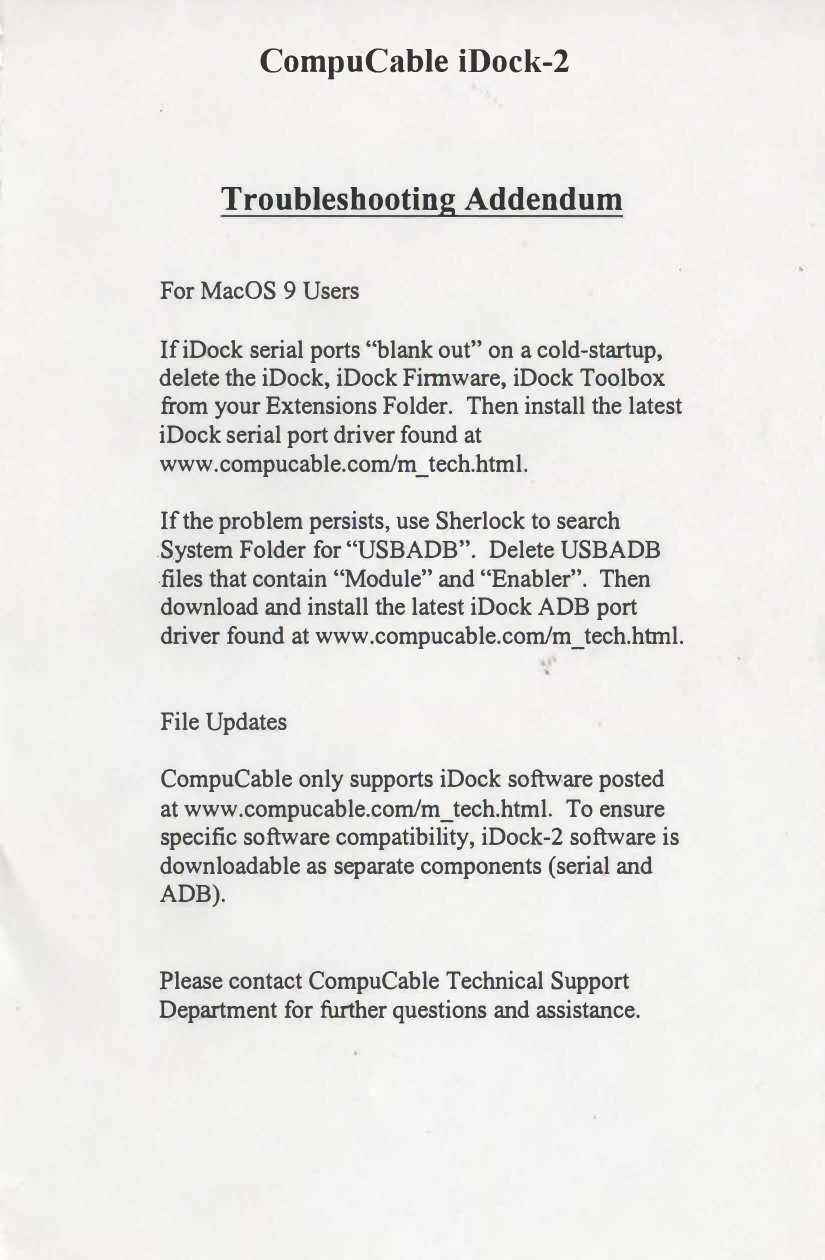 CompuCable iDock 2 Troubleshooting Addendum