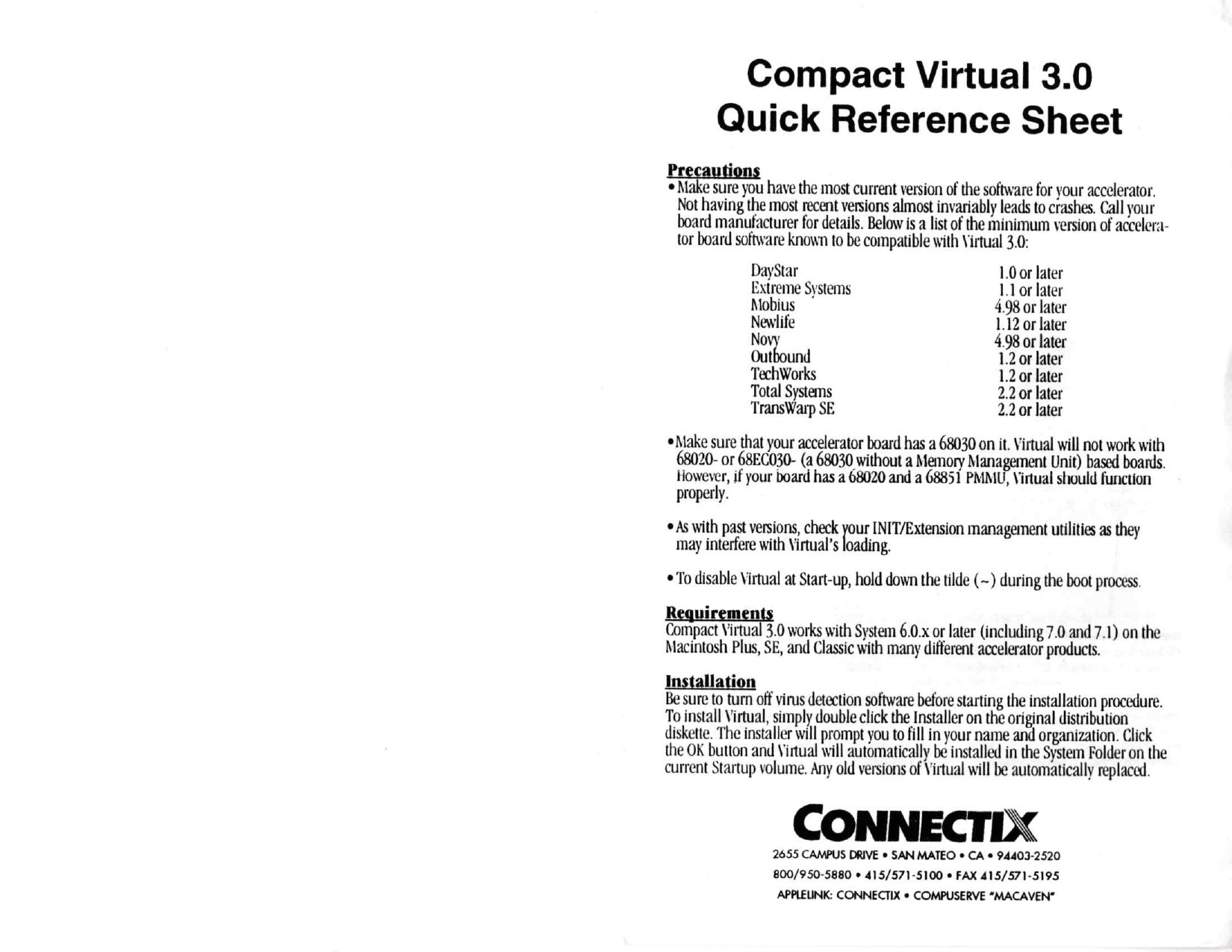 Connectix Compact Virtual 3.0 quick reference