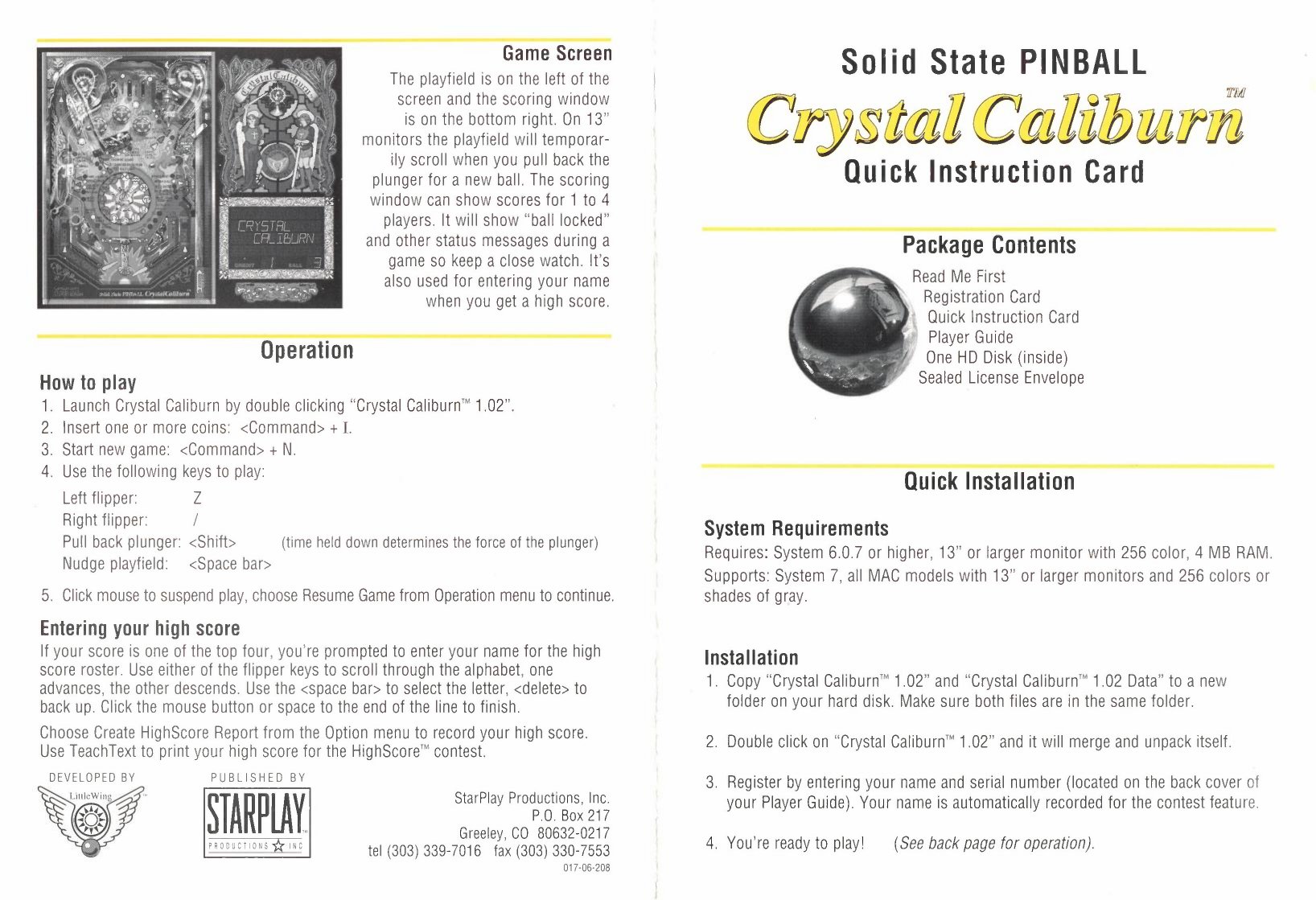 Crystal Caliburn Quick Instruction Card