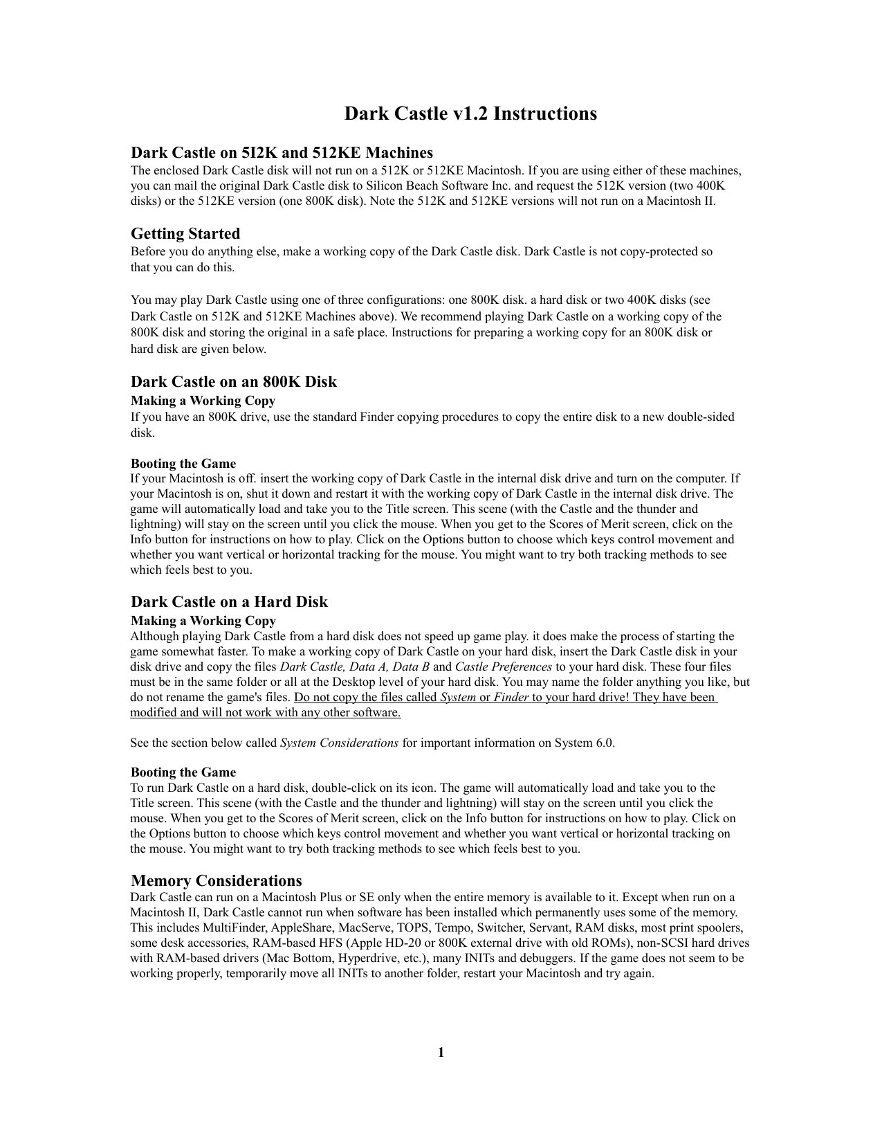 Dark Castle v1.2 Instructions