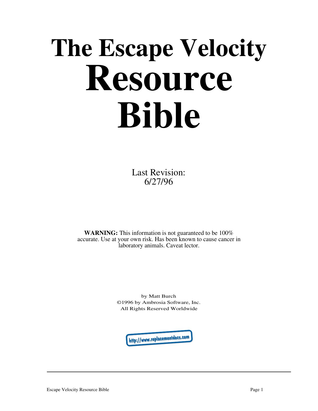 Escape Velocity Resource Bible