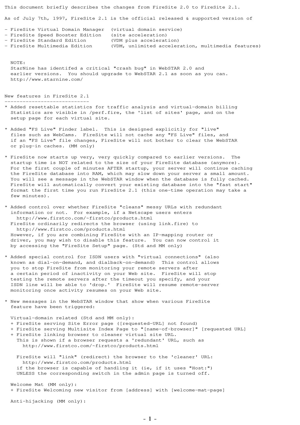 FireSite 2.1 Release Notes