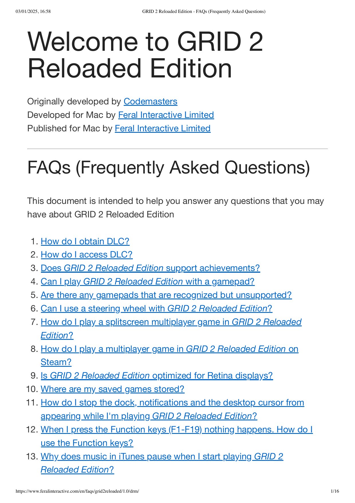 GRID 2 Reloaded Edition FAQs