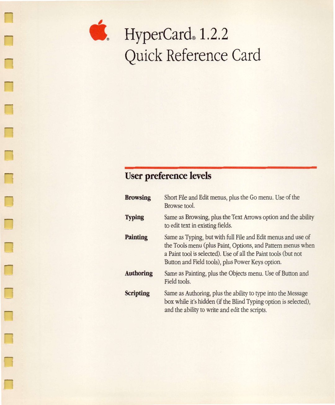 HyperCard 1.2.2 Quick Reference Card