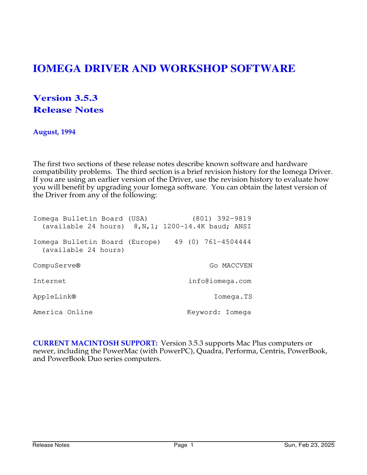 Iomega Driver Workshop Release Notes v3.5.3 Aug 94