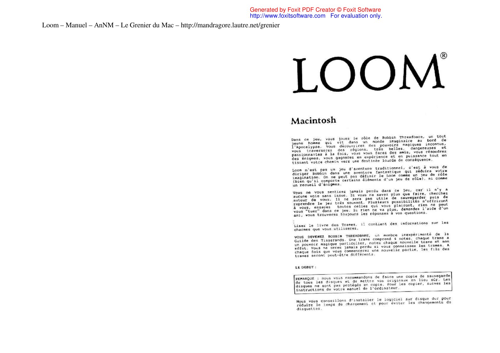 Loom manuel et livre des trames