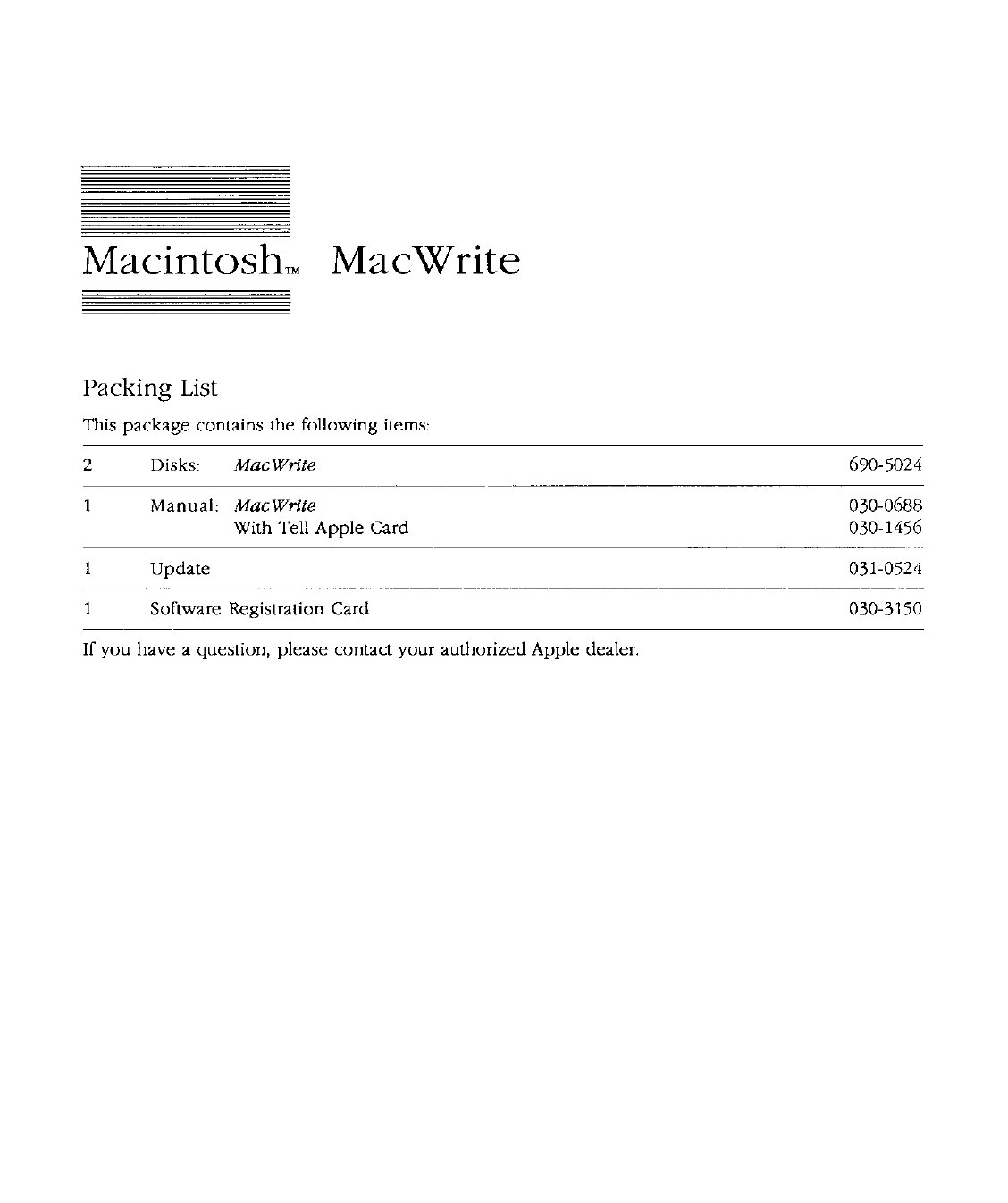 MacWrite 4.6 Pack List Reg Card 1987