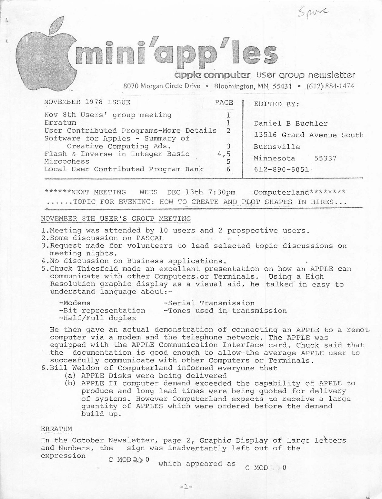 Mini'app'les Newsletter — November 1978