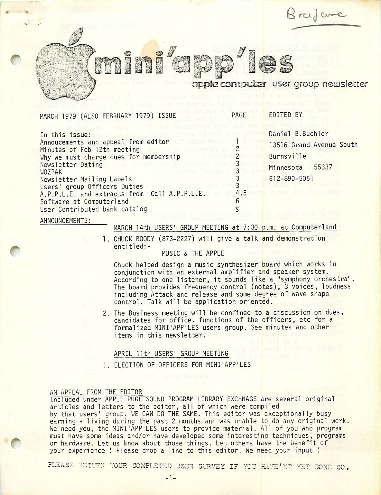 Mini'app'les Newsletter — March 1979