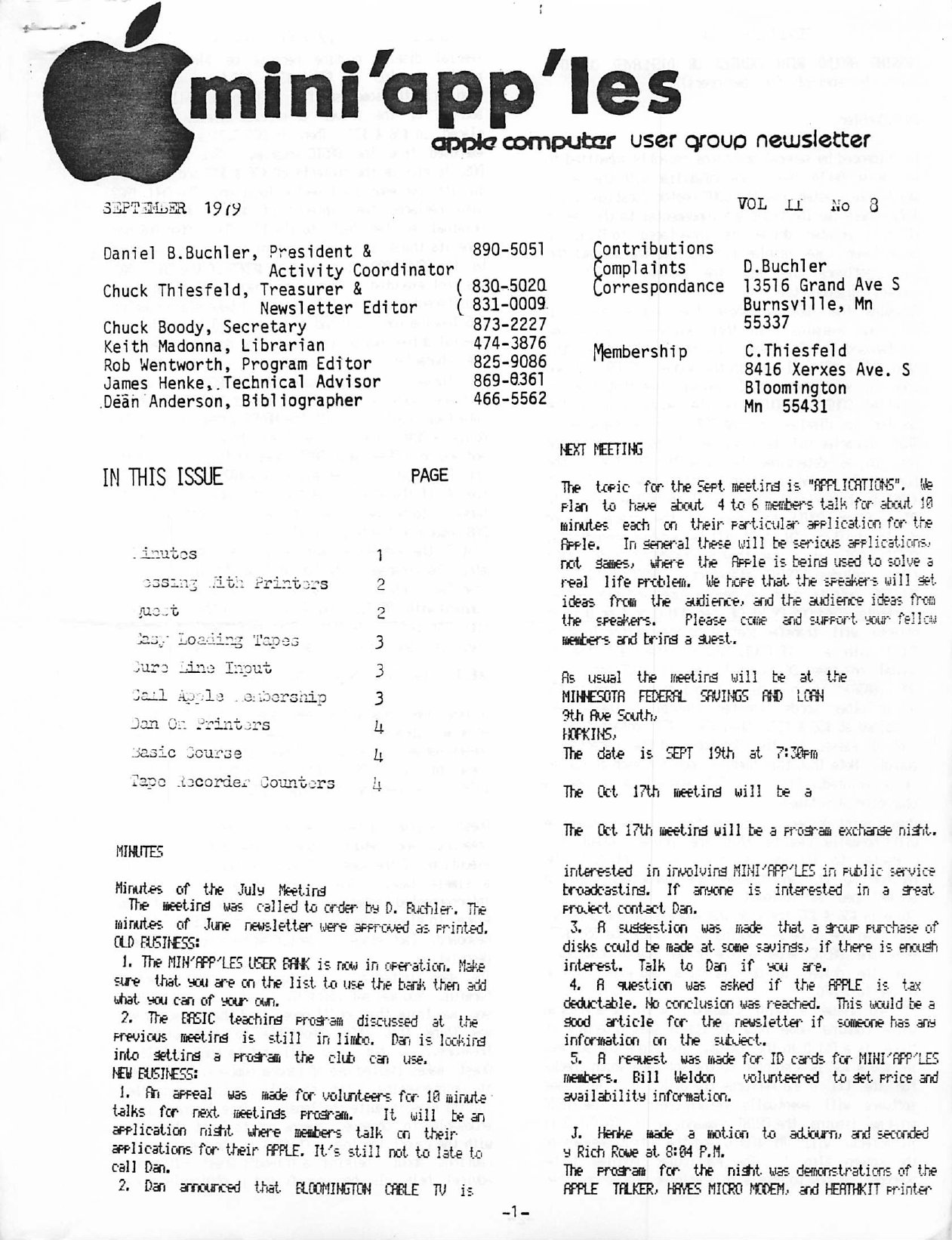 Mini'app'les Newsletter — September 1979