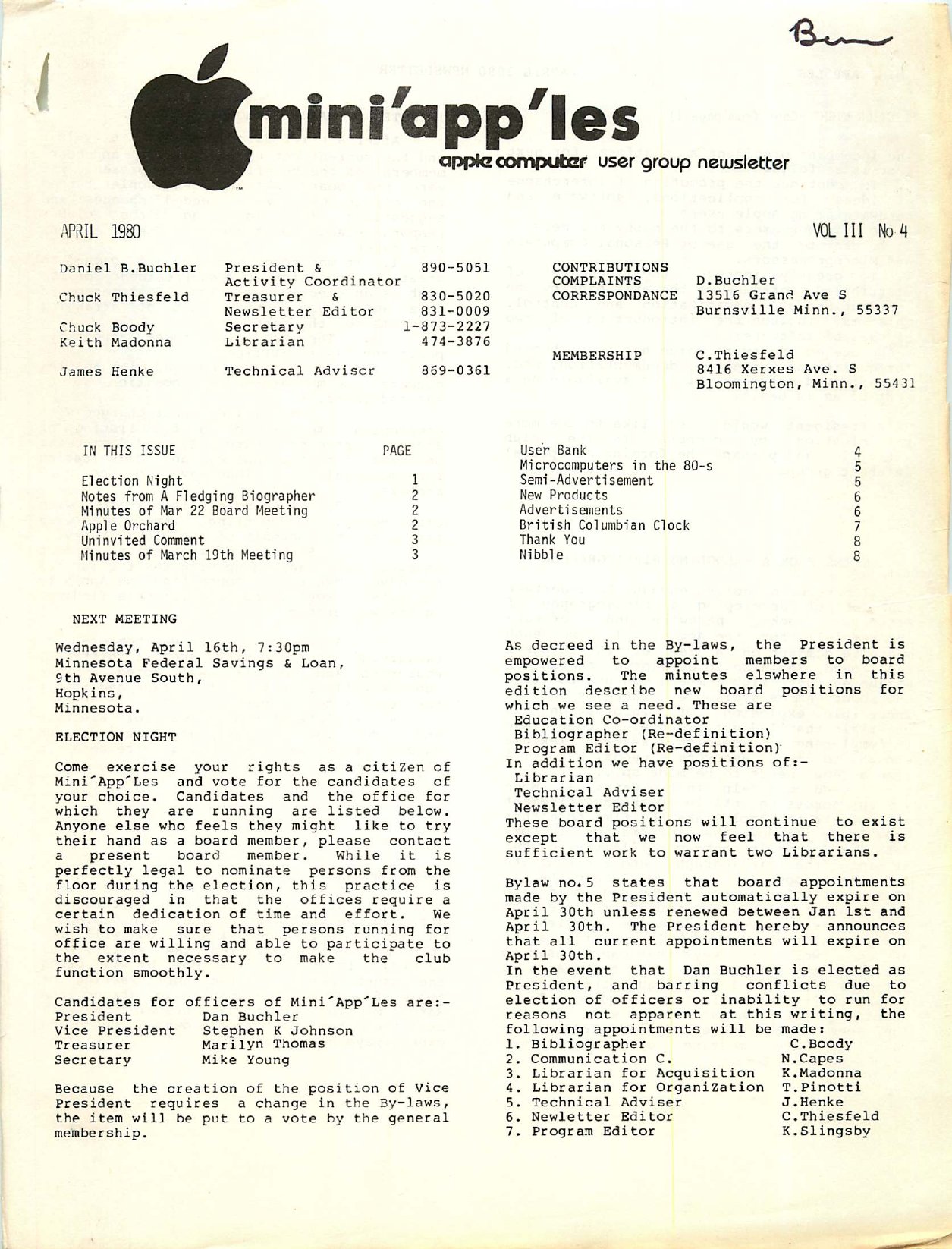 Mini'app'les Newsletter — April 1980