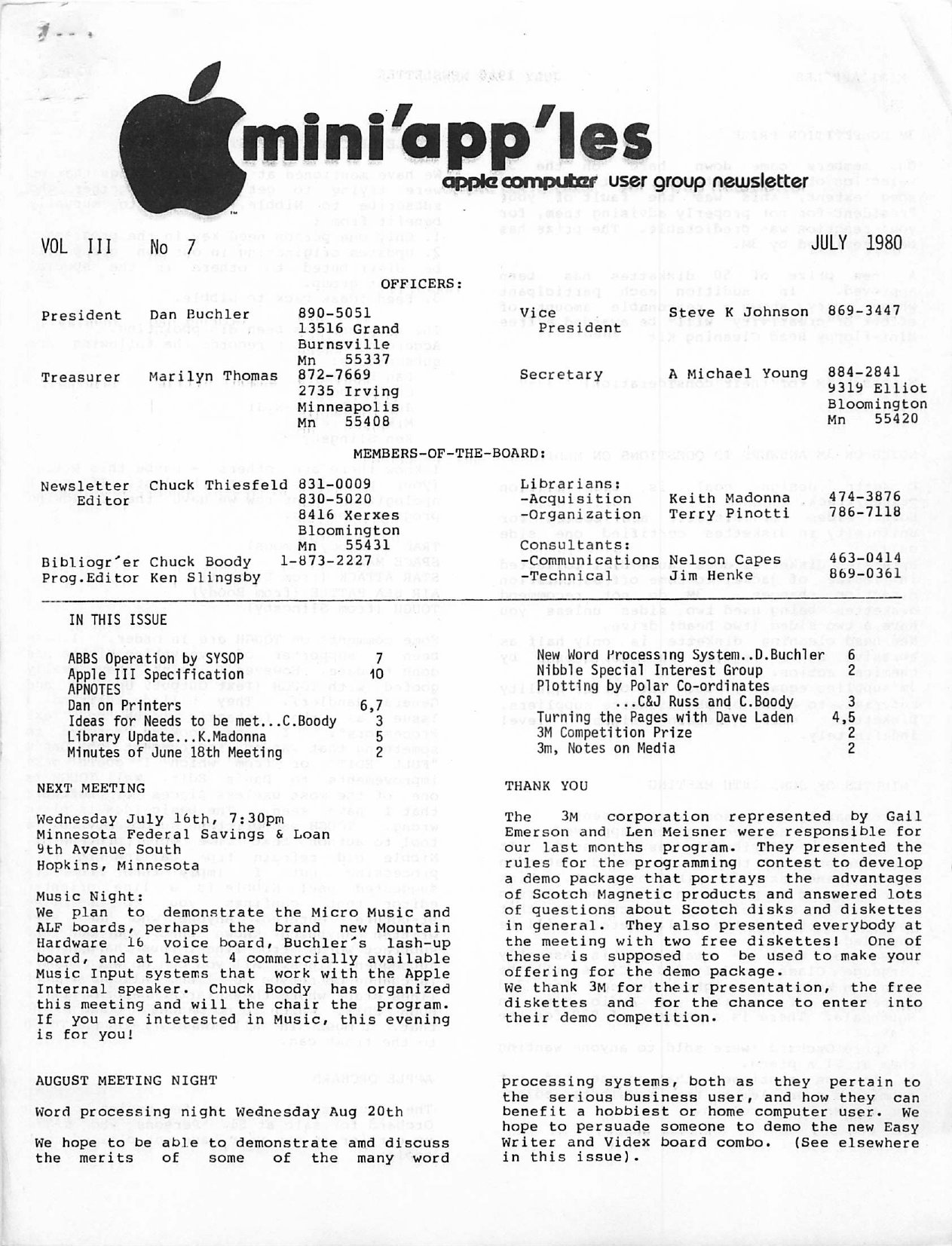 Mini'app'les Newsletter — July 1980