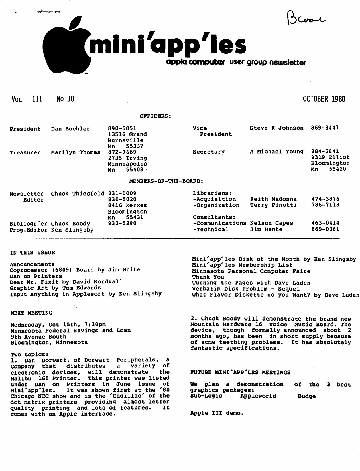 Mini'app'les Newsletter — October 1980