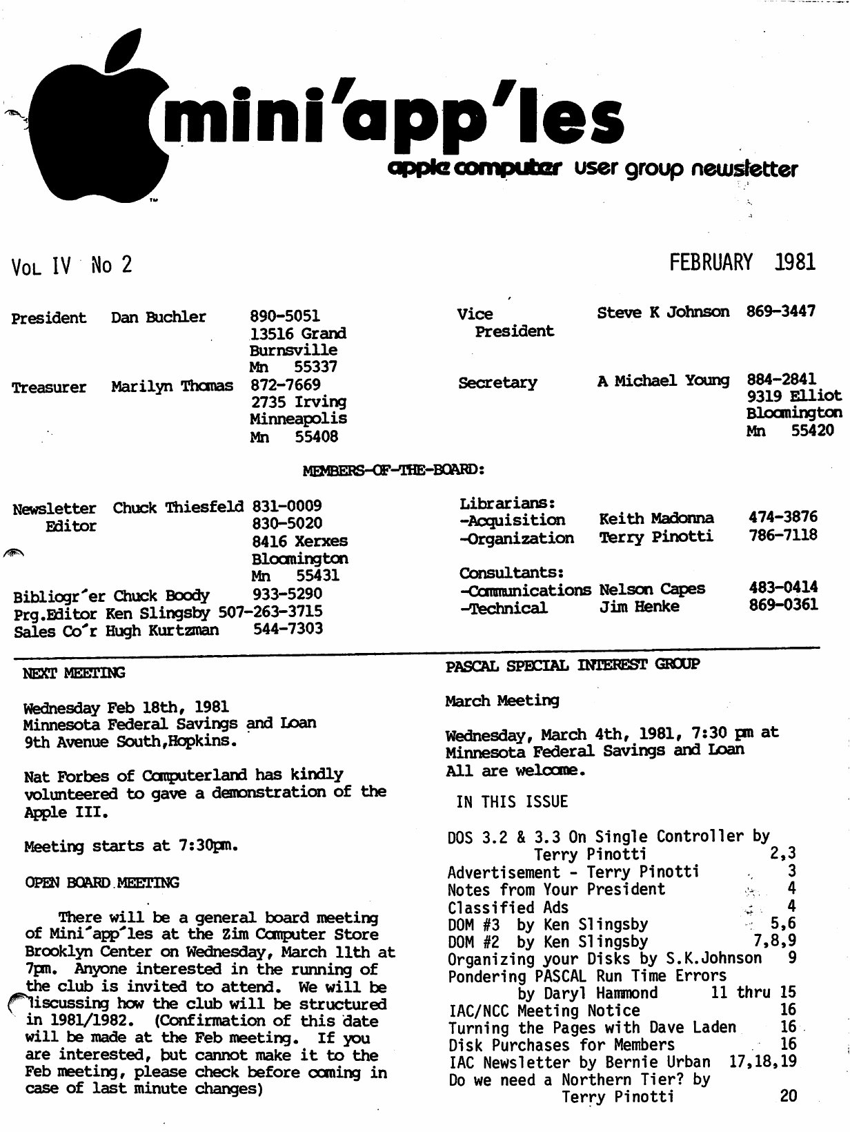 Mini'app'les Newsletter — February 1981