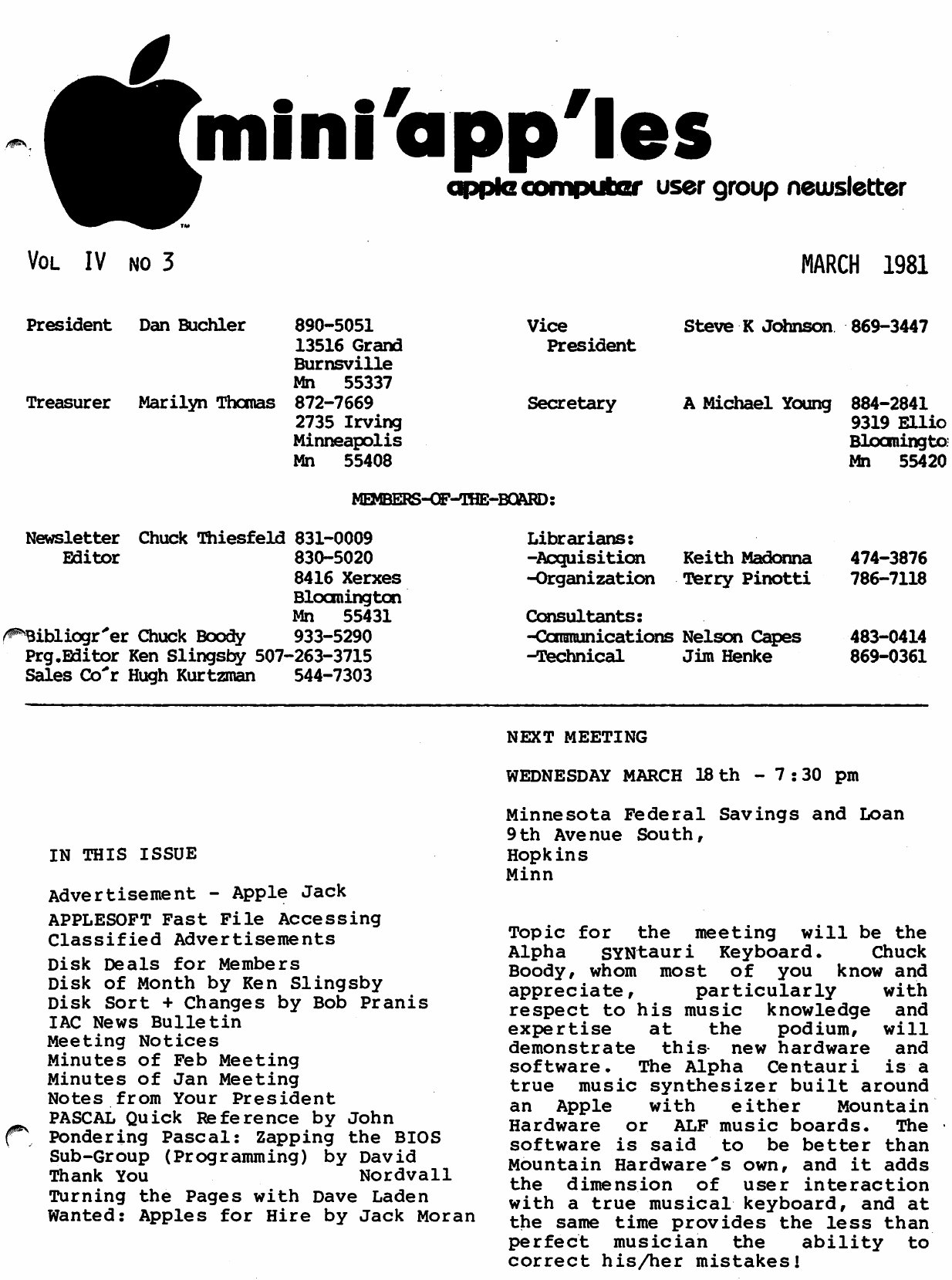 Mini'app'les Newsletter — March 1981