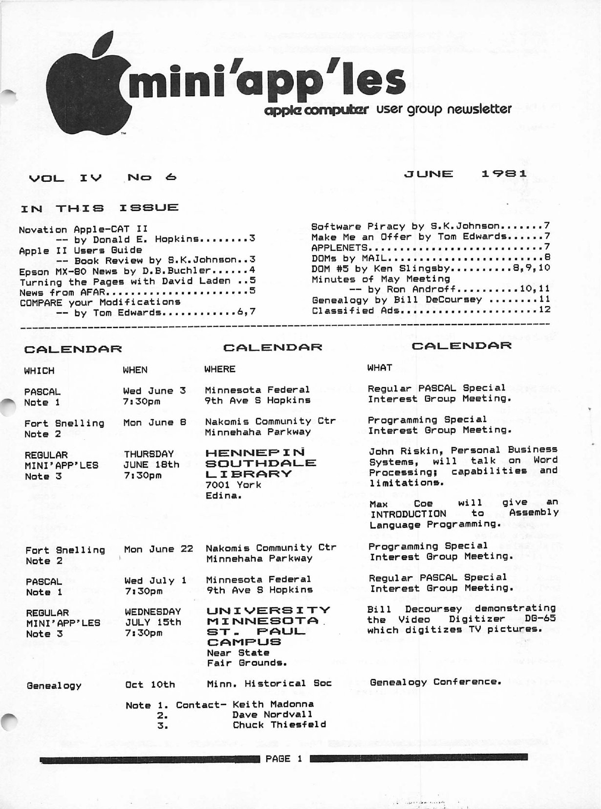 Mini'app'les Newsletter — June 1981