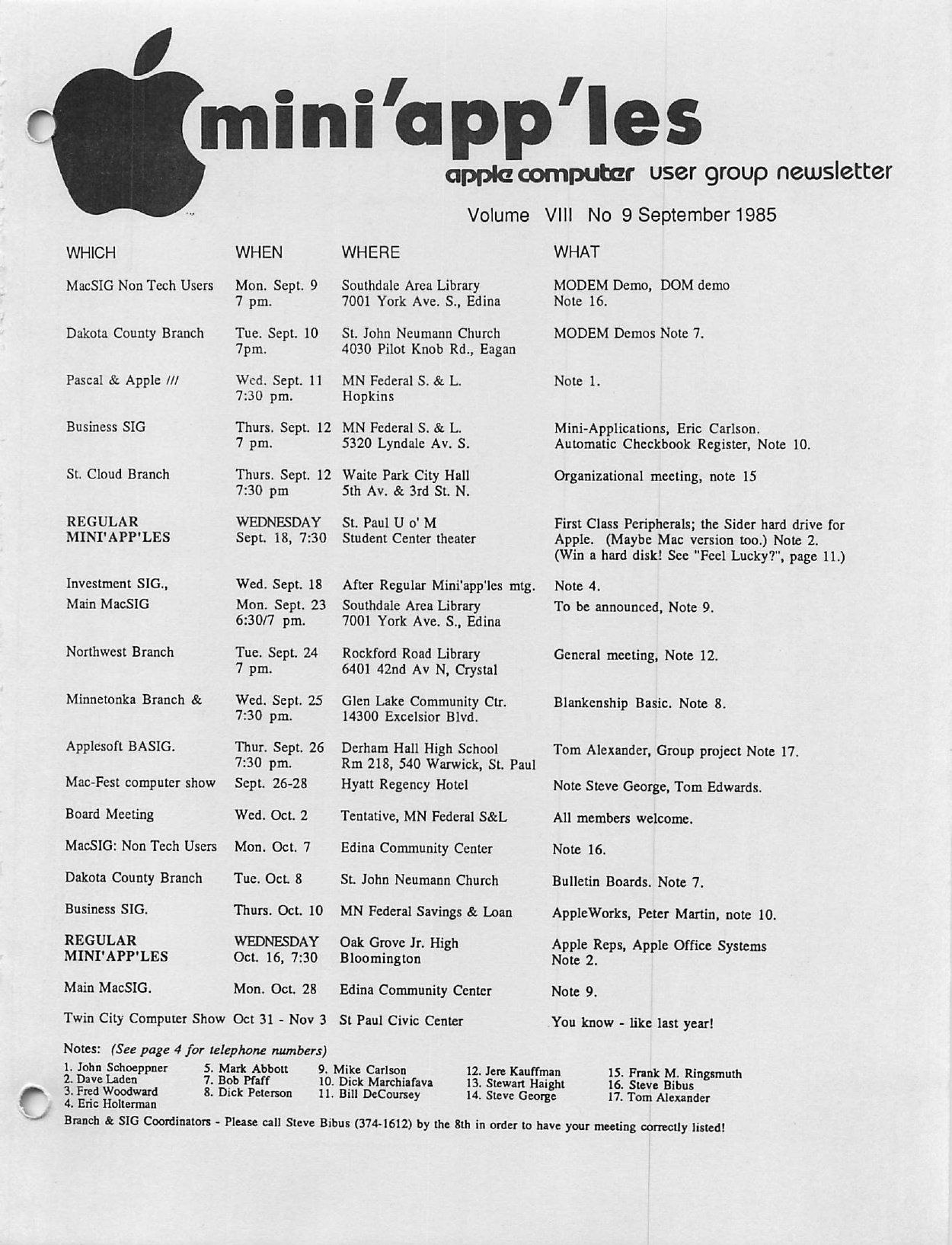 Mini'app'les Newsletter — September 1985