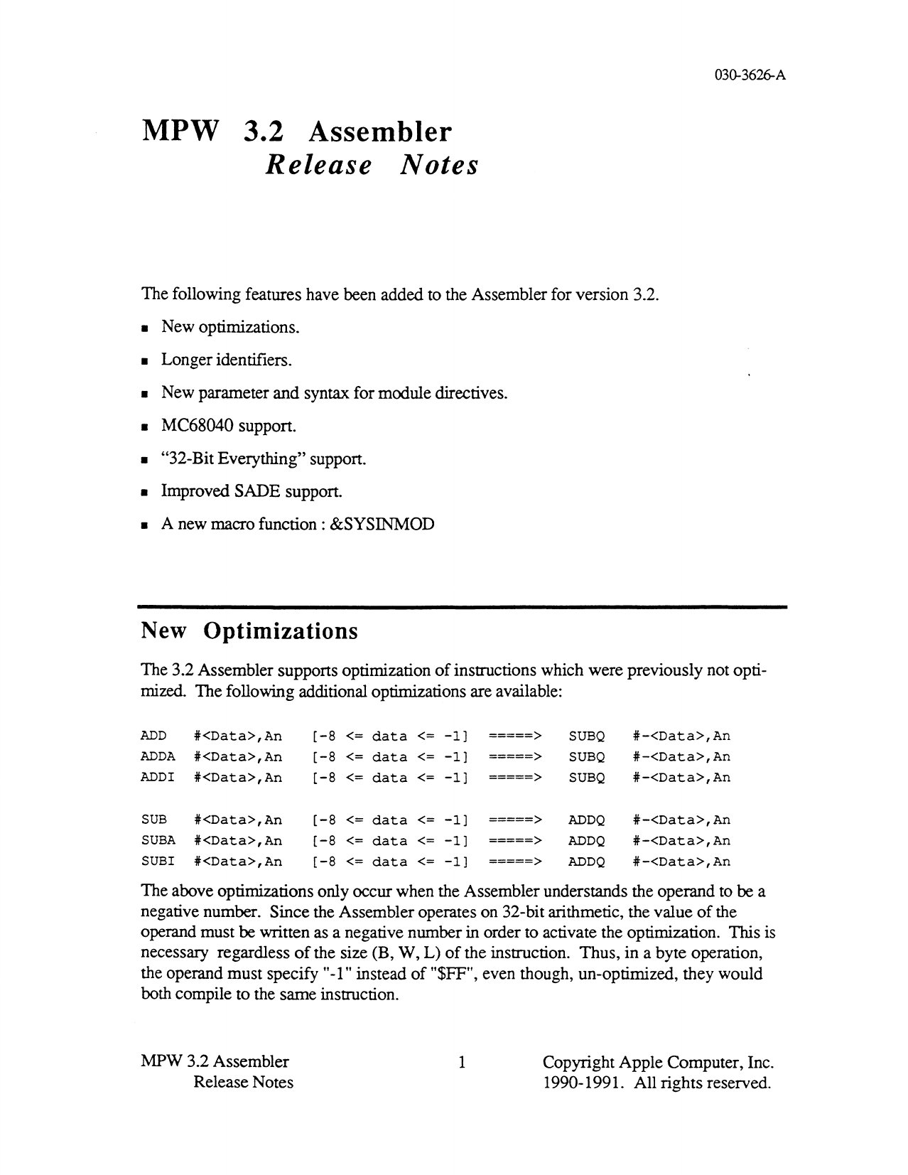 MPW 3.2 Assembler Release Notes 199104