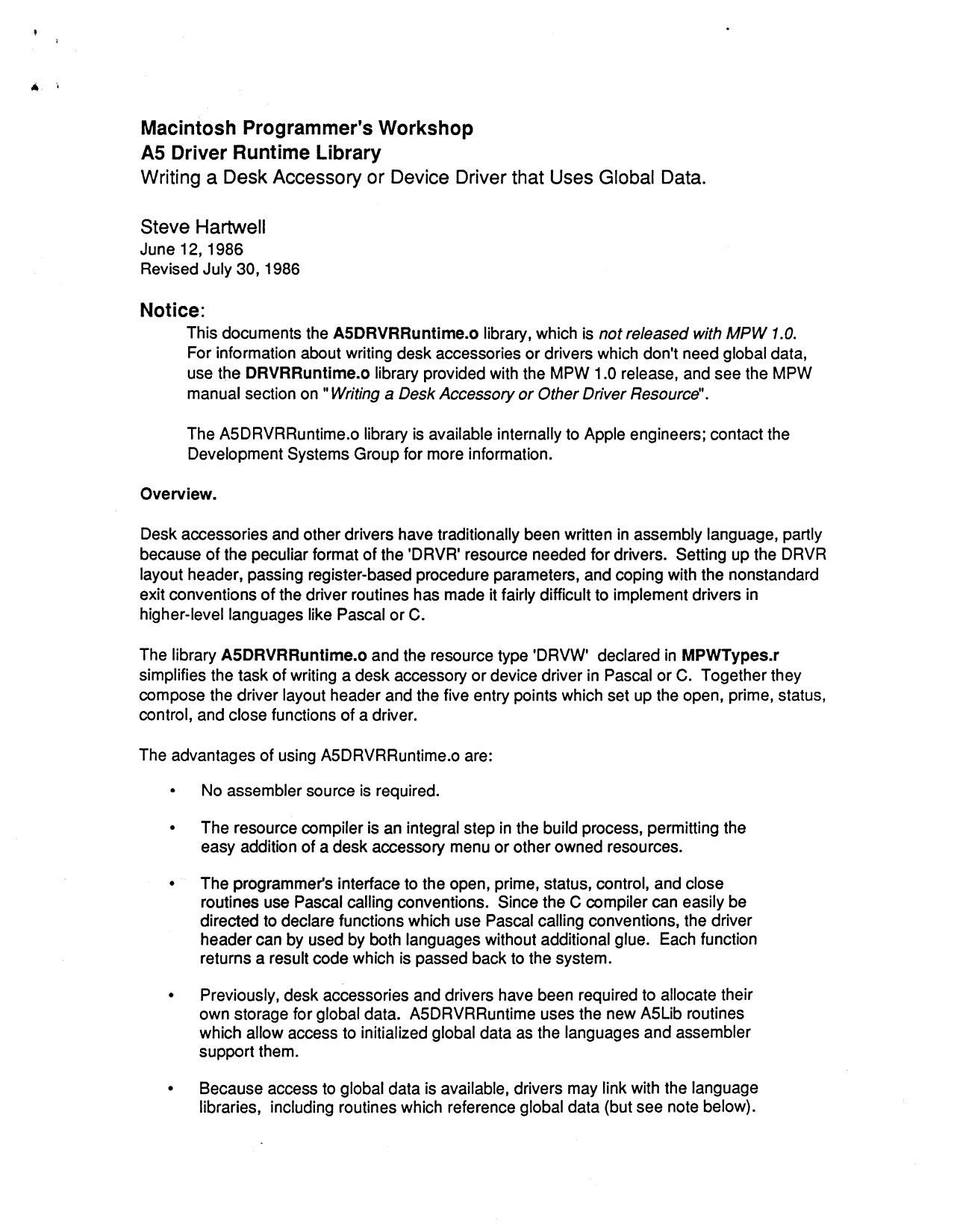 MPW A5 Driver Runtime Library 19860612