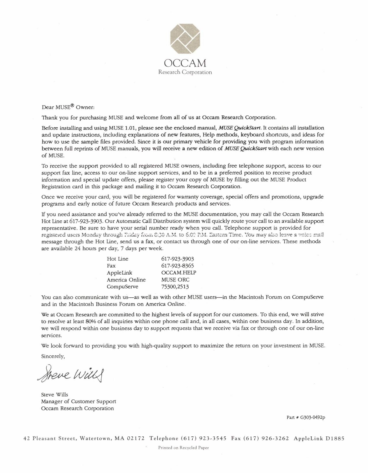 OCCAM Research support letter