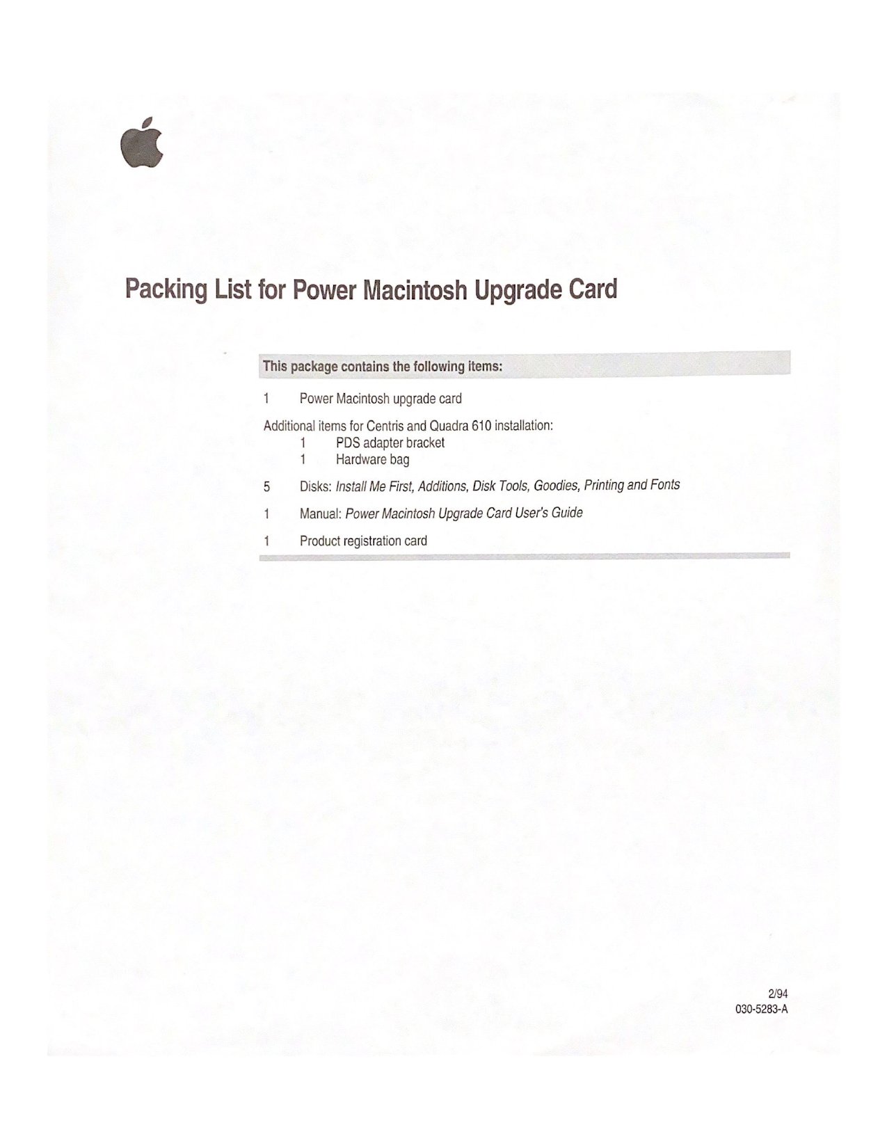 Packing List for Power Macintosh Upgrade Card