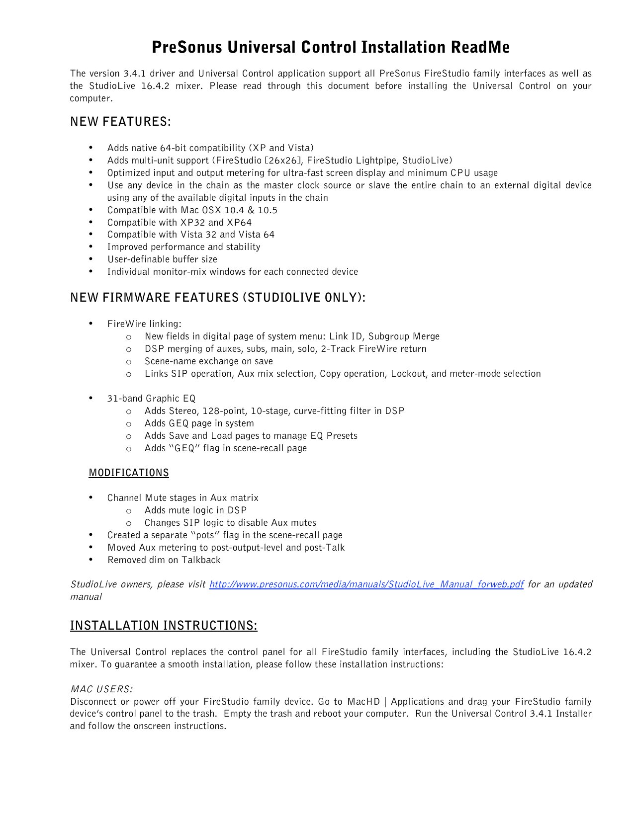 PreSonus Universal Control readme