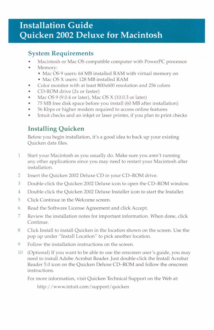 Quicken 2002 Installation Guide