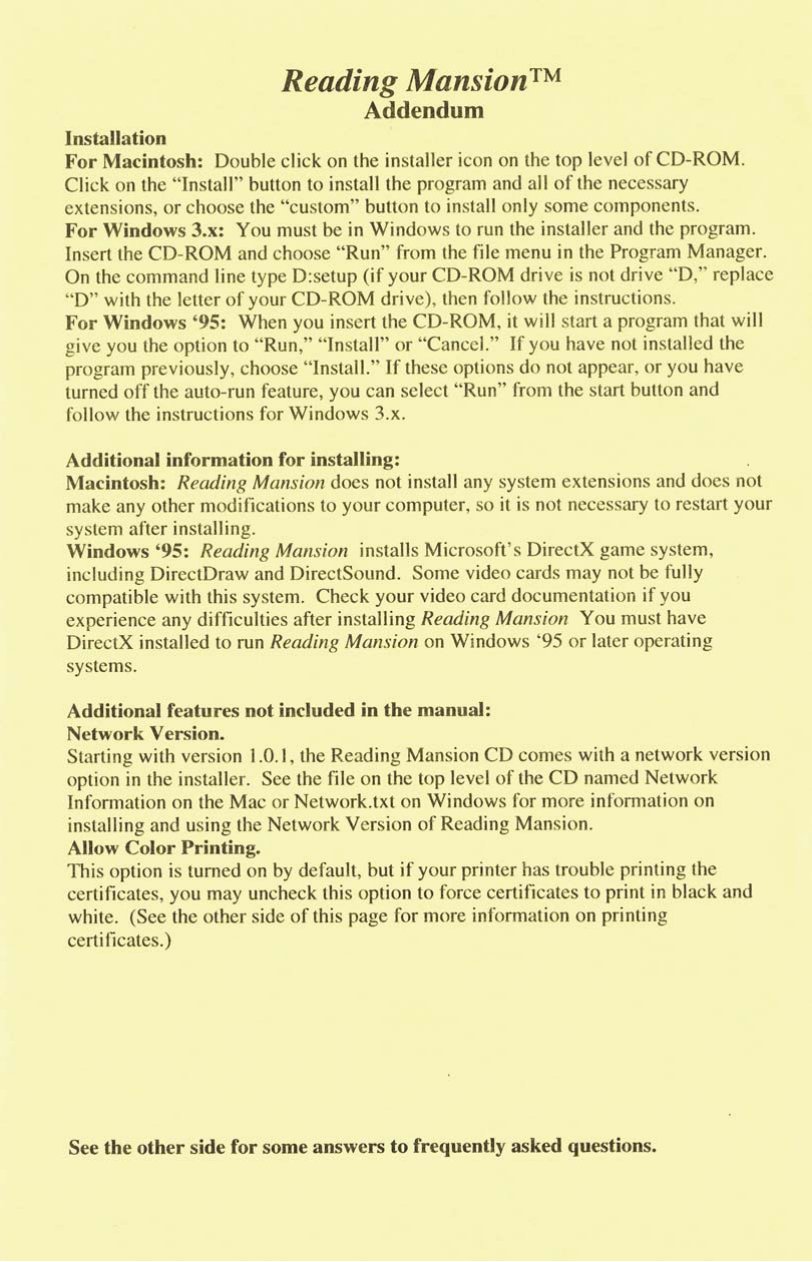 Reading Mansion Addendum