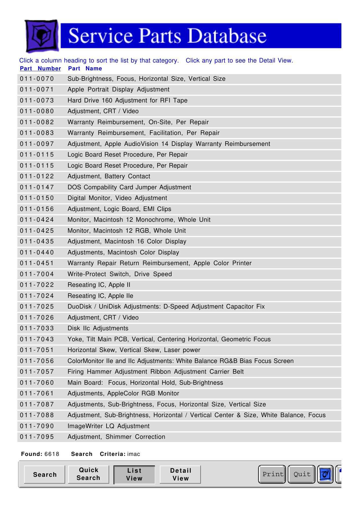 Servis Parts list View