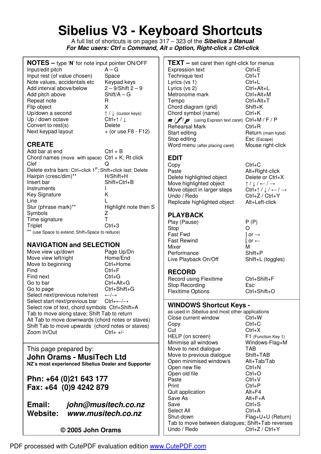 Sibelius 3 keyboard shortcuts