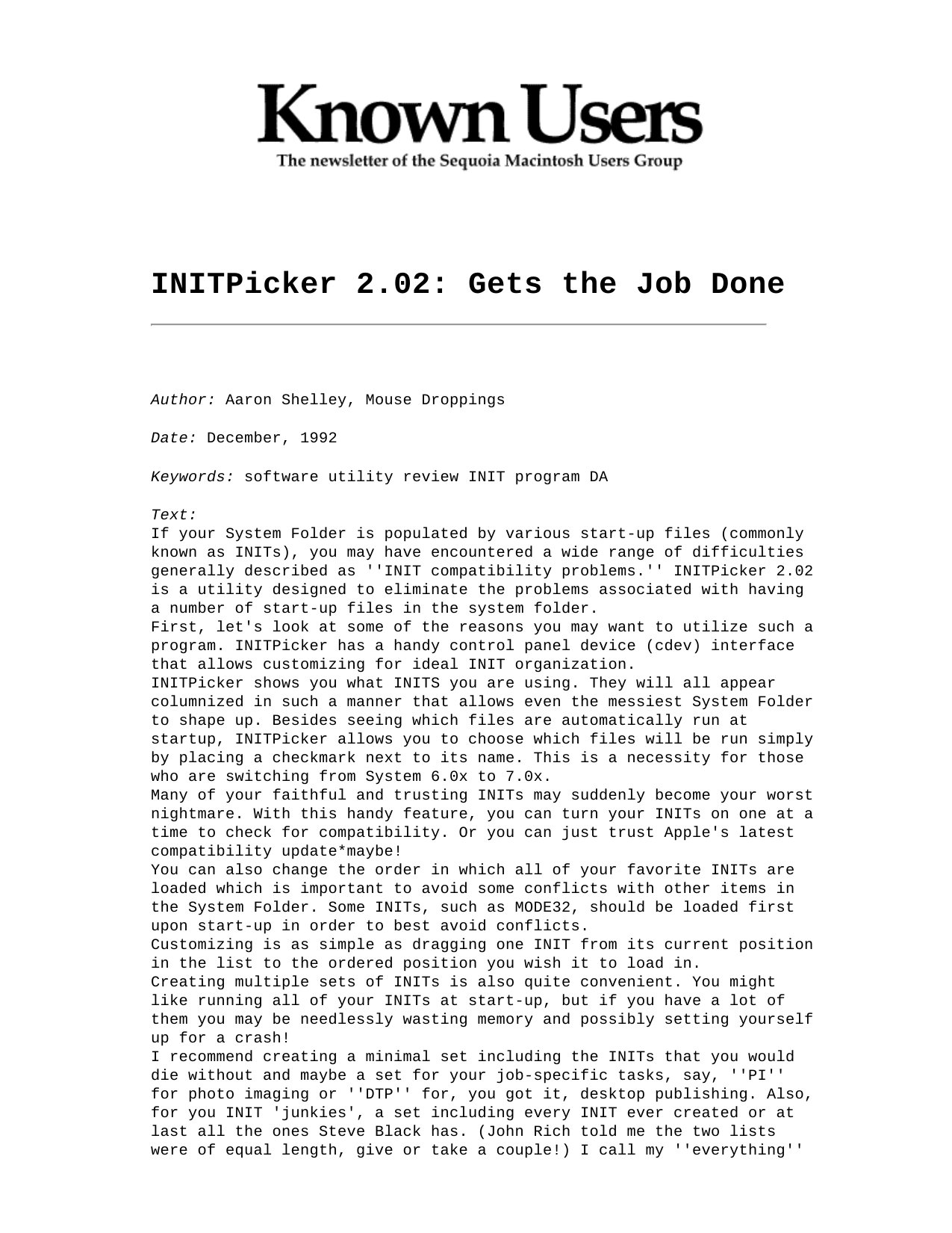 SMUG Newsletter 12 92 INITPicker 2.02 Gets the Job Done