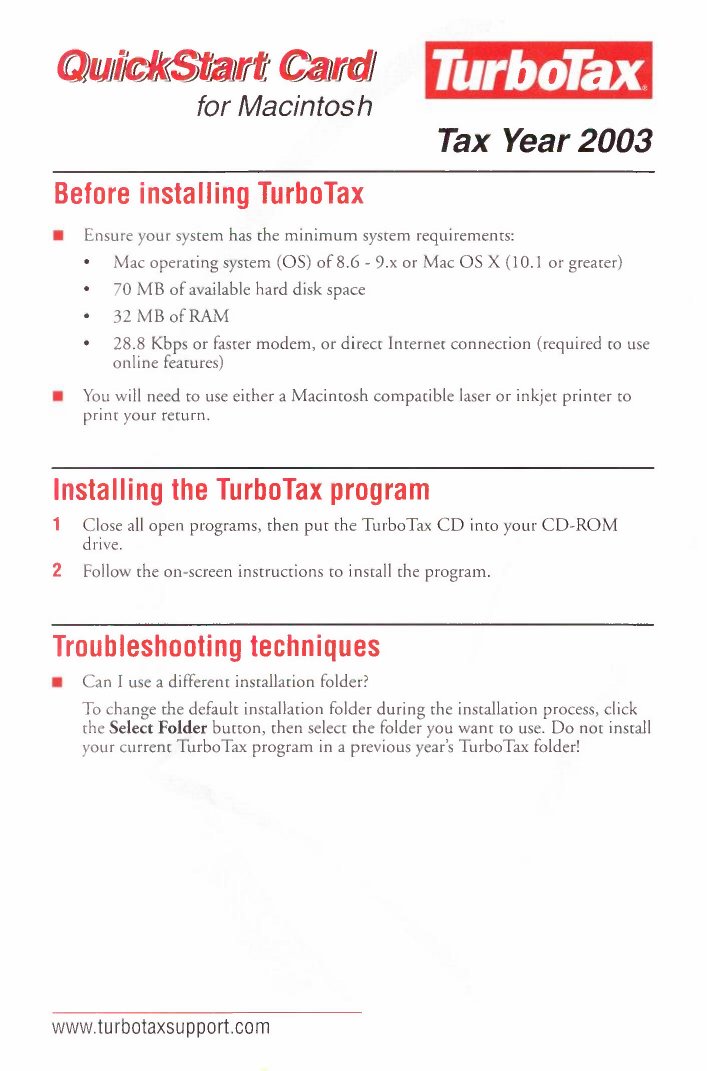 TurboTax 2003 QuickStart Card