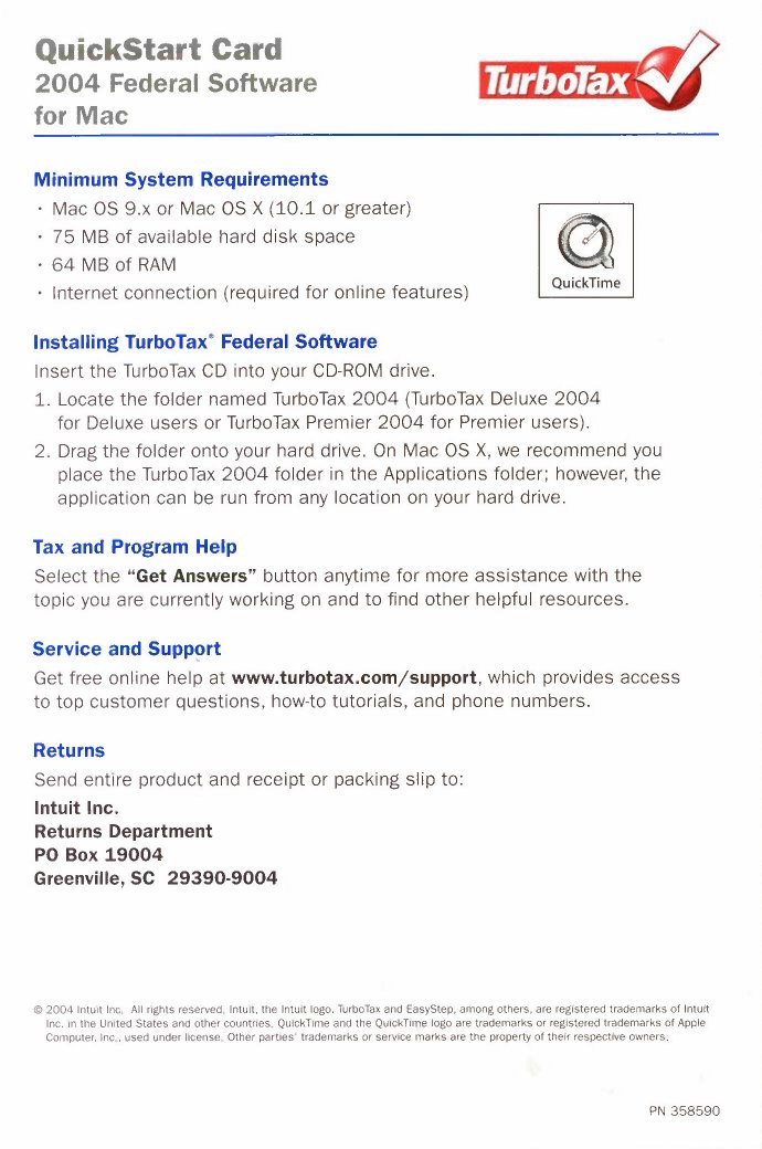 TurboTax 2004 QuickStart Card