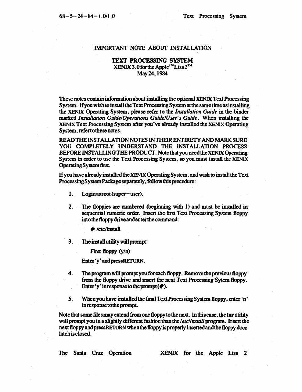 XENIX Lisa 2 Text Processing Reference May84
